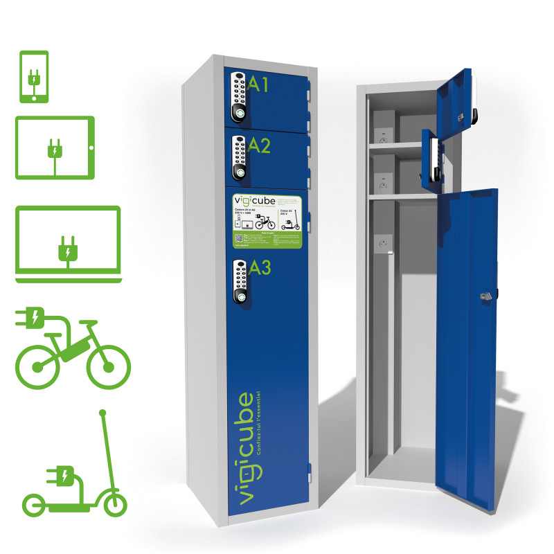 Armoire recharge de trottinette électrique, batterie de vélo  pour collaborateurs, clients ou visiteurs -  vigicube acier_0