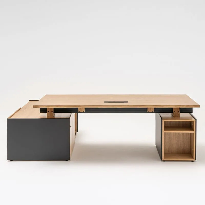 Bureau de direction VIGA - avec caisson et desserte en chêne - design Yonoh Studio_0
