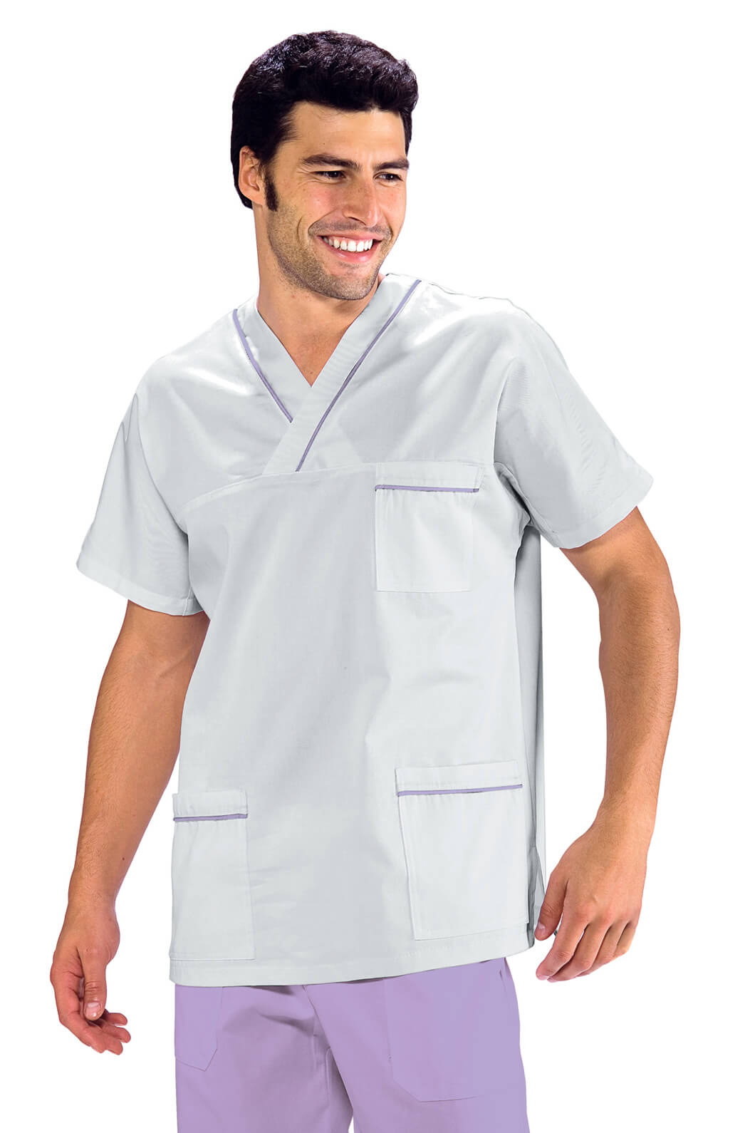 CASAQUE MÉDICALE COL EN V 100% COTON UNISEXE BLANC PROFILO LILAS