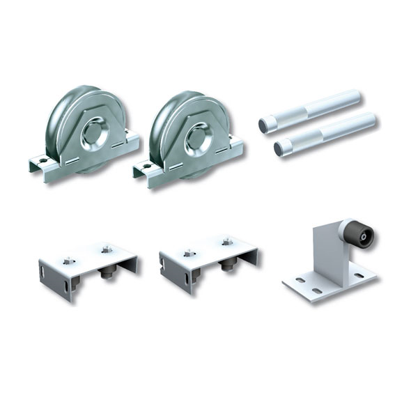 GARNITURE POUR PORTAIL MOTORISÉ SUR RAIL DE 200 KG COMPRENANT MONTURES  MANCHONS  GUIDES ET BUTÉE