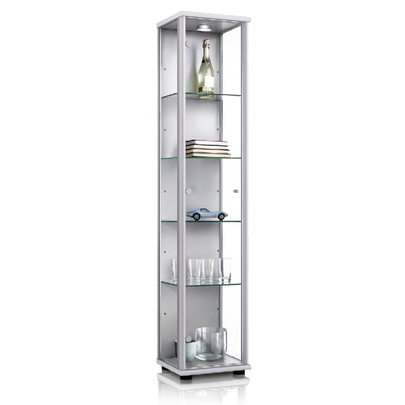 K-Möbel vitrine en verre en aluminium / argent (176x37x33 cm) avec 4 étagères en verre réglables en hauteur,LED - modèle de voiture vitrine d'arg_0