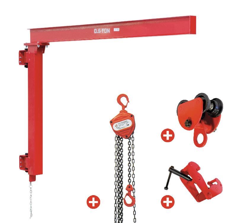 Potence murale 500 kg avec palan manuel à chaîne 2,5 m et chariot roulant + pince à poutre MW Tools PHM500SET1_0