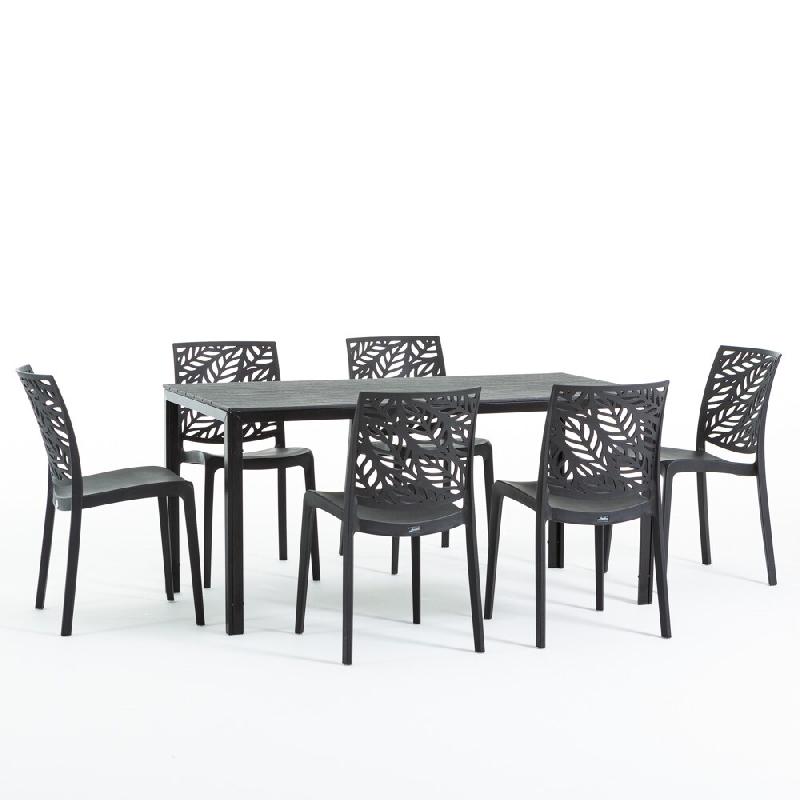 RATTATAN Ensemble repas de jardin avec table rectangulaire à structure en acier et 6 chaises monobloc en résine empilables – Thomas + Dafne / Noir_0