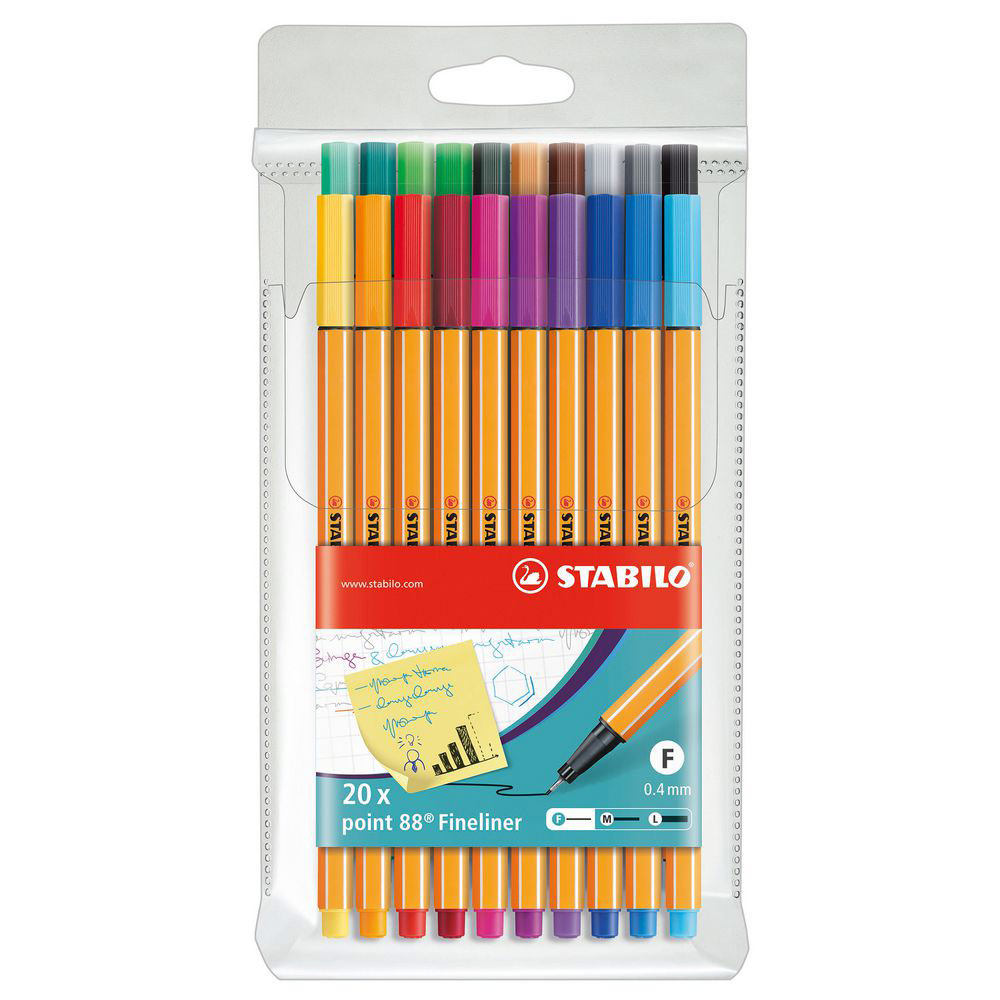 STYLO-FEUTRE STABILO POINT 88 - POINTE FINE - CORPS ORANGE - COULEURS D'ENCRE ASSORTIES - PAQUET 20 UNITES