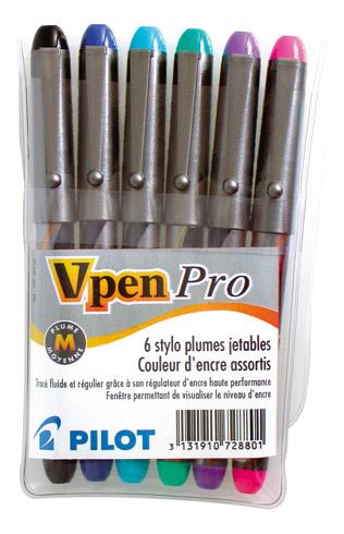 STYLO PLUME PILOT V-PEN SILVER DESIGNE ÉCRITURE MOYENNE - POCHETTE DE 6 COULEURS FUN