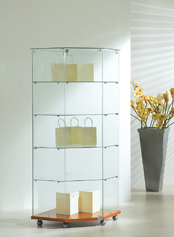Vitrine d'angle tout verre 7/18VA - cerisier - verre trempé avec 4 tablettes amovibles et serrure_0