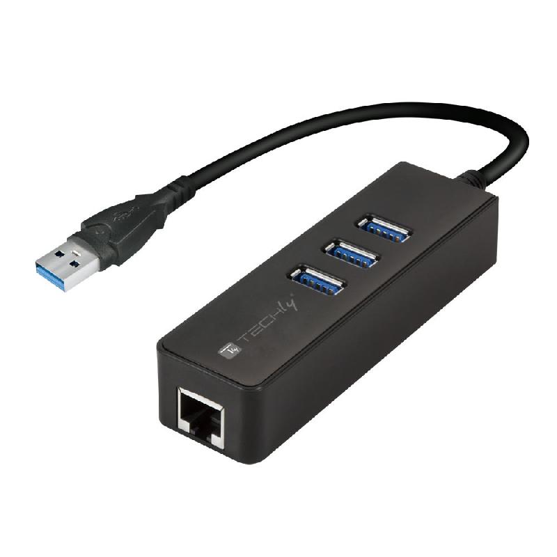 TECHLY IDATA USB-ETGIGA-3U2 - Hub USB 3.0 (3.1 Gen 1) Type-A avec RJ-45 Gigabit Ethernet - 4 ports - Noir_0
