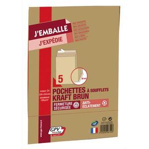 Gpv paquet de 5 pochettes kraft brun auto-adhésif, format c4 229x324mm soufflet 30mm 120g_0