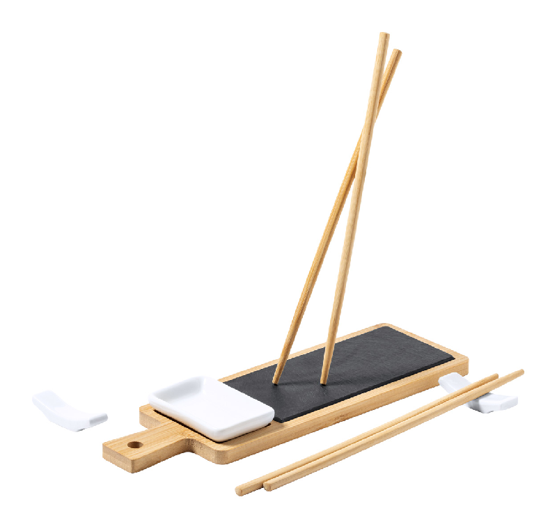Service à sushi en bambou - 6 pièces avec planche en ardoise et accessoires en céramique_0