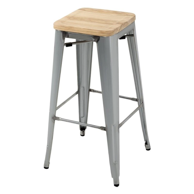 Tabouret Haut Bistrot en Acier Galvanisé avec Assise en Bois - Lot de 4 - Bolero - 0605848331530_0
