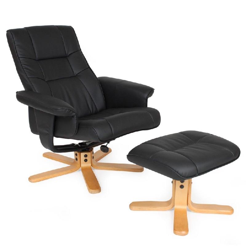 Fauteuil de relaxation lounge détente TV avec tabouret noir - Pied beige - Réglable et confortable_0