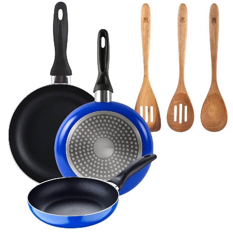 BERGNER - Ensemble 3 poêles Ø16/20/24cm aluminium embouti Adaptées induction Blue Navy Paradise avec ensemble 3 ustensiles de cuisine 32,8x33x7x1,4_0