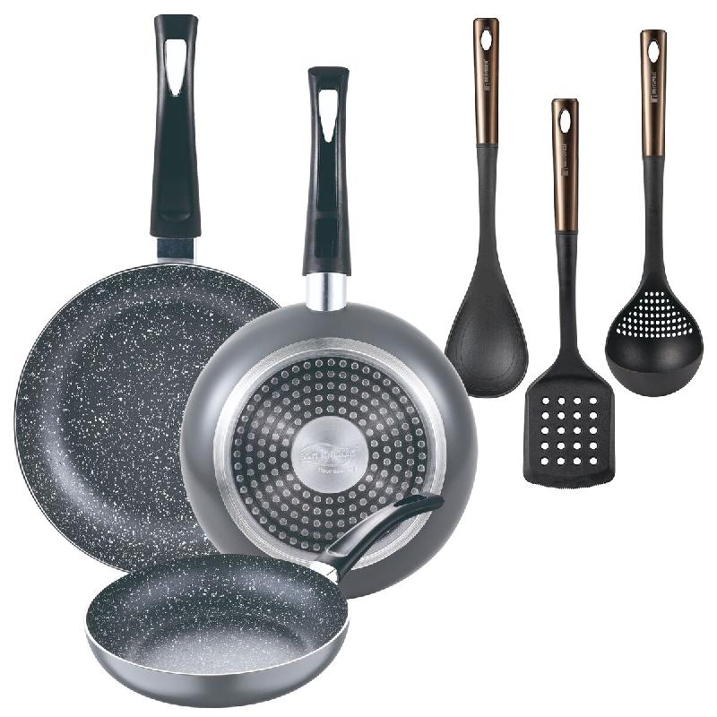 BERGNER - Set 3 Poêles Ø16/20/24cm en Aluminium Embouti Compatibles Induction Black Soul Marble avec Set 3 Ustensiles de Cuisine en PBT noir et cuiv_0