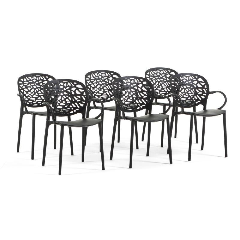 RATTATAN Lot de 6 chaises d'extérieur avec accoudoirs empilables en polypropylène dossier ajouré design naturel pour jardin terrasse bar restaurant_0