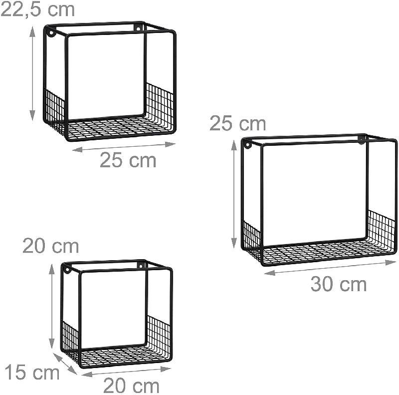 Set de 3 étagères murales cubes en métal noir - design moderne en grille - tailles variées_0