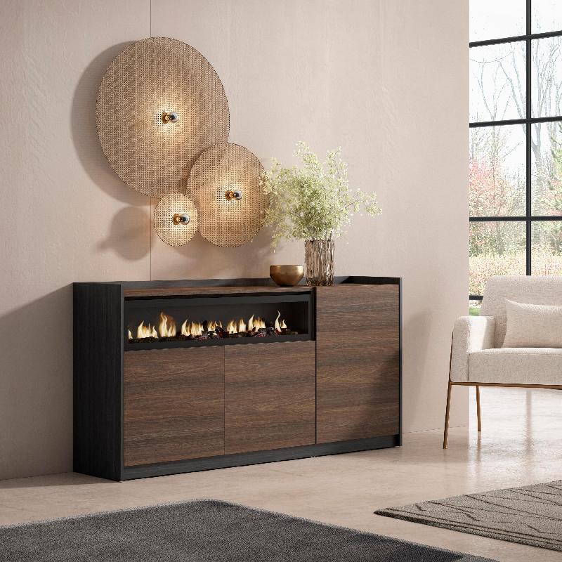 SKRAUT HOME - BUFFET SALON ET CUISINE, 156X80X37 CM, 3 PORTES, CHEMINÉE ÉLECTRIQUE, CHÊNE FONCÉ ET NOIR