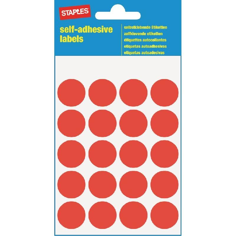 STAPLES PASTILLE ADHÉSIVE COULEUR - STAPLES - Ø 19 MM - COLORIS ROUGE - 100 PASTILLES