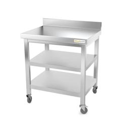 Table de travail en inox 800 x 700 mm adossée avec 2 étagères sur roulettes PREMIUM / GOLDINOX - inox 3701770801848_0