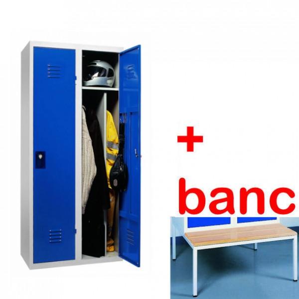 Vestiaire industrie salissante monobloc 2 cases avec banc 2 cases_0