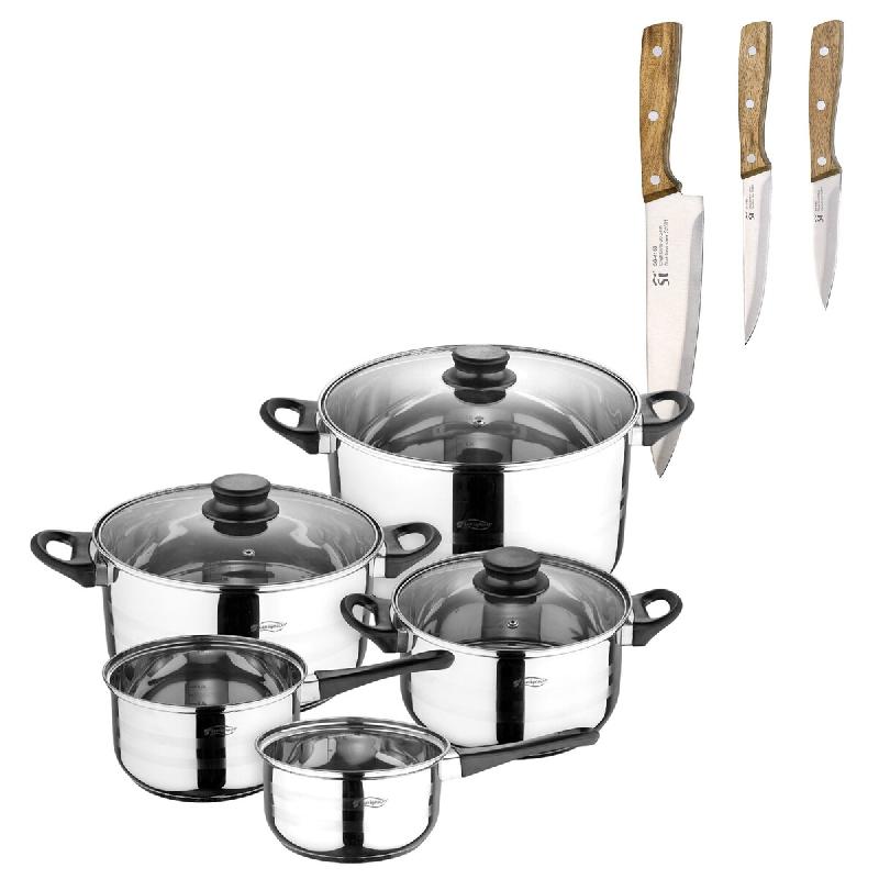 BERGNER - Batterie de cuisine 8 pièces 16/18/20/24/28 cm en Acier Inoxydable Compatible Induction avec Set de 3 Couteaux en Acier Inoxydable - multi-_0