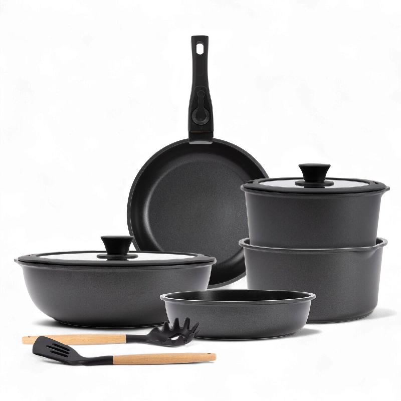 BERGNER Click&Cook - Batterie de Cuisine 10 pcs Coloris Noir avec Poignée Amovible: 3 Poêles, 2 Casseroles, Couvercles et Ustensiles aluminium moul�_0