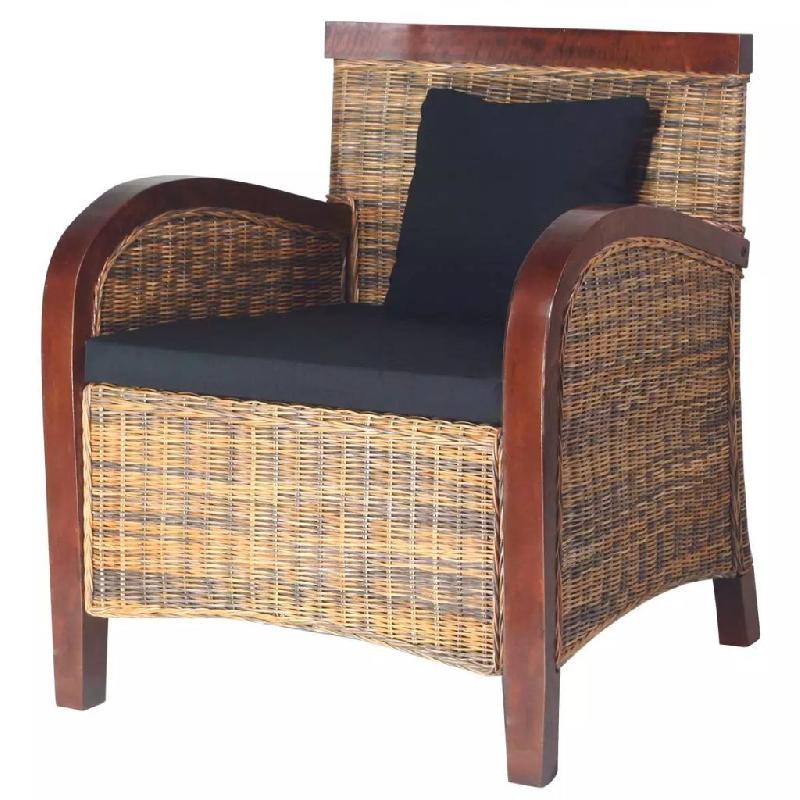 Fauteuil lounge design en rotin tissé à la main - Bois de manguier massif - Coussin inclus - Marron 1102077/3_0