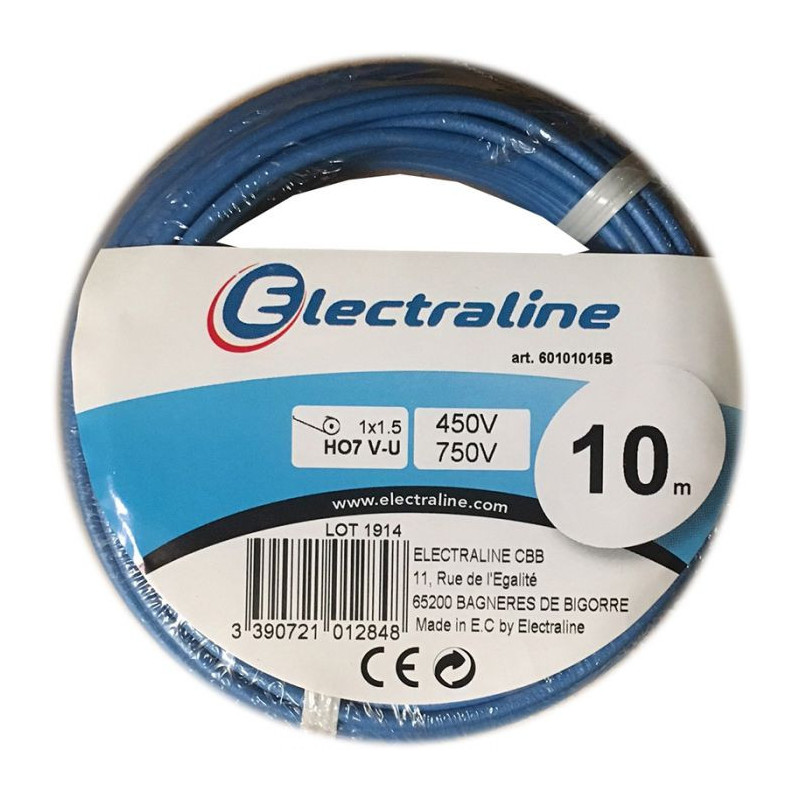 CÂBLE D’INSTALLATION H07V-U 10 M 1.5MM² BLEU AVEC ISOLANT EN PVC - FILS & CÂBLES - 60101015B