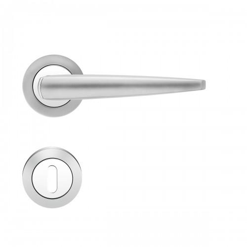 POIGNÉES DE PORTE SUR ROSACES RONDES SÉRIE R 230 DENVER - CHROMÉ SATINÉ - CLÉ L KARCHER DESIGN