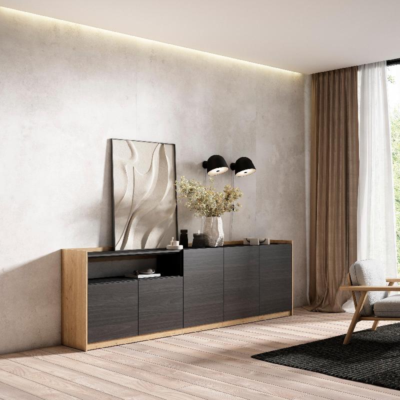 SKRAUT HOME - BUFFET SALON ET CUISINE, 260X80X37 CM, 5 PORTES, MEUBLE CHAUSSURE, NOIR ET CHÊNE