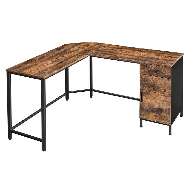 Bureau d'angle en forme de L - Placard de rangement, tiroir, cadre en acier, style industriel marron rustique et noir - Montage facile - 12_0001331_0