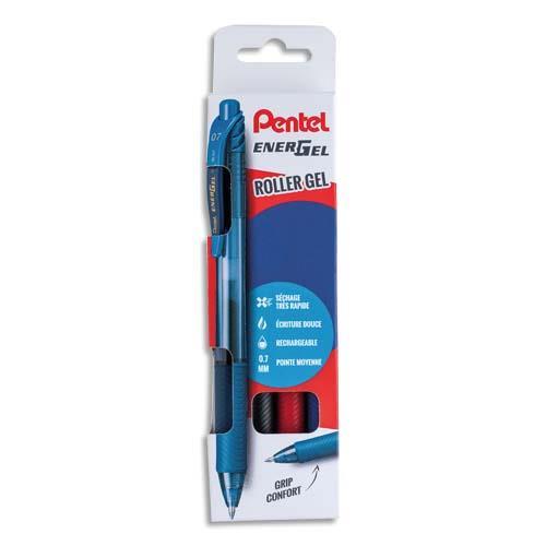 POCHETTE 4 ROLLERS PENTEL ENERGELX RETRACTABLE - RECHARGEABLE - COLORIS ASSORTIS NOIR/ROUGE/BLEU/BLEU NUIT