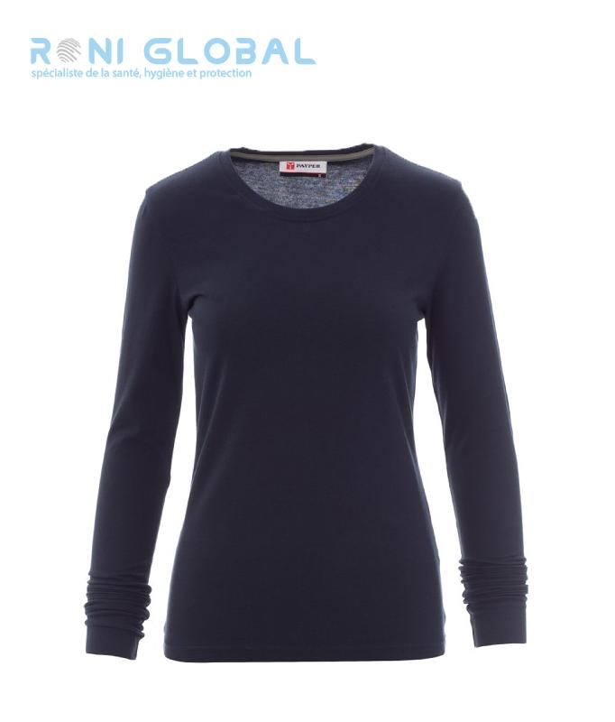 T-shirt de travail femme manches longues en coton - Pineta Payper - cintré avec col ras du cou et coutures stretch_0