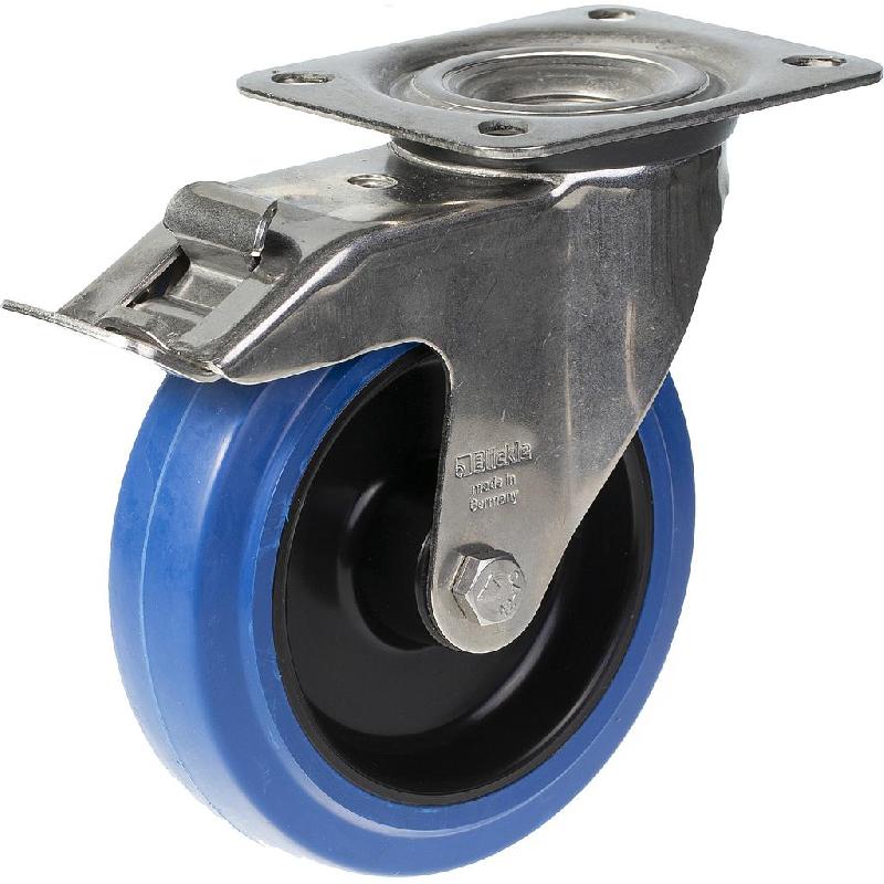Roulette pivotante/frein de 125mm en acier inoxydable avec caoutchouc élastique bleu sur centre en nylon_0