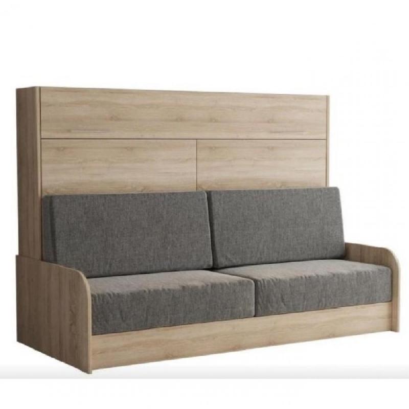 ARMOIRE LIT ESCAMOTABLE VERTIGO SOFA STRUCTURE ACCOUDOIRS CHÊNE TISSU GRIS 160*200 CM_0