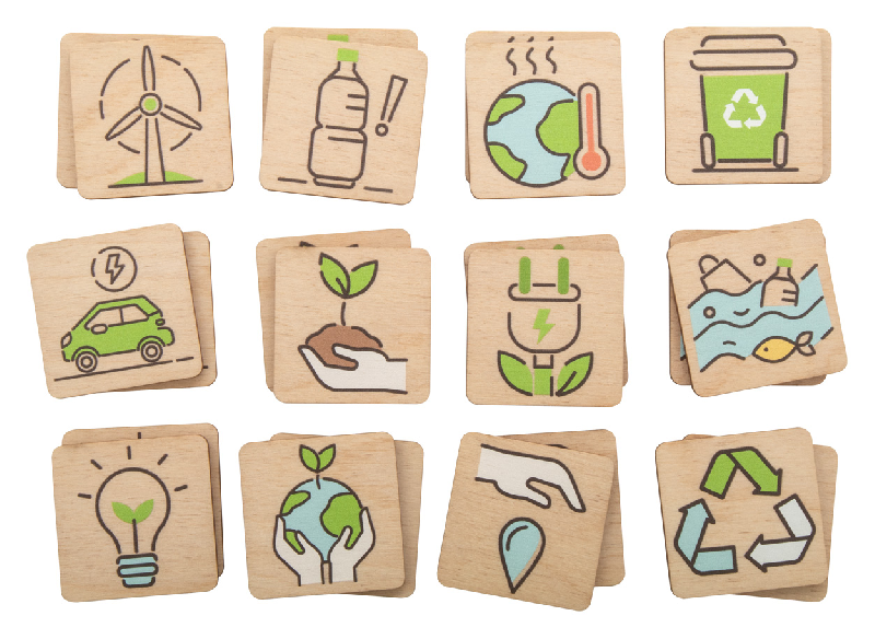 Jeu de memory en bois de bouleau - Protection de l'environnement - 24 tuiles thématiques avec impression logo_0