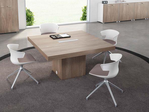 Table de réunion carrée cossue en bois - trappe passe-câbles intégrée - 4 dimensions, 3 finitions_0