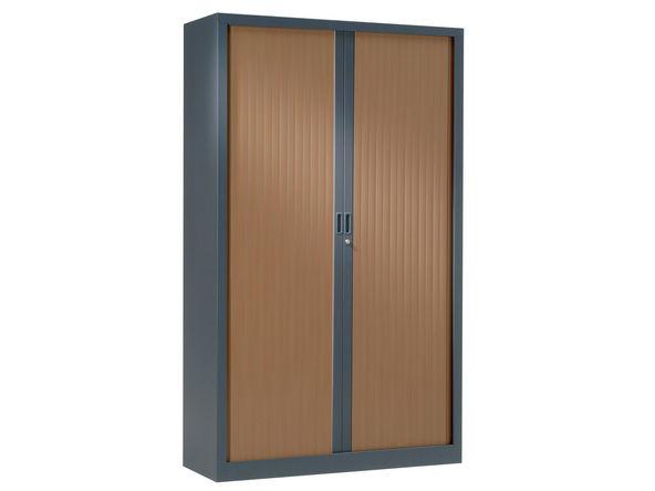 Armoire haute à rideaux bois - 4 étagères - 1000 x 430 x 1980 mm - Anthracite et poirier foncé_0