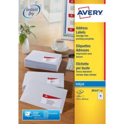 Avery J8161 Etiquettes d'adresse blanches imprimantes jet d’encre 63,5 x 46,6 mm - 25 feuilles - 450 étiquettes_0