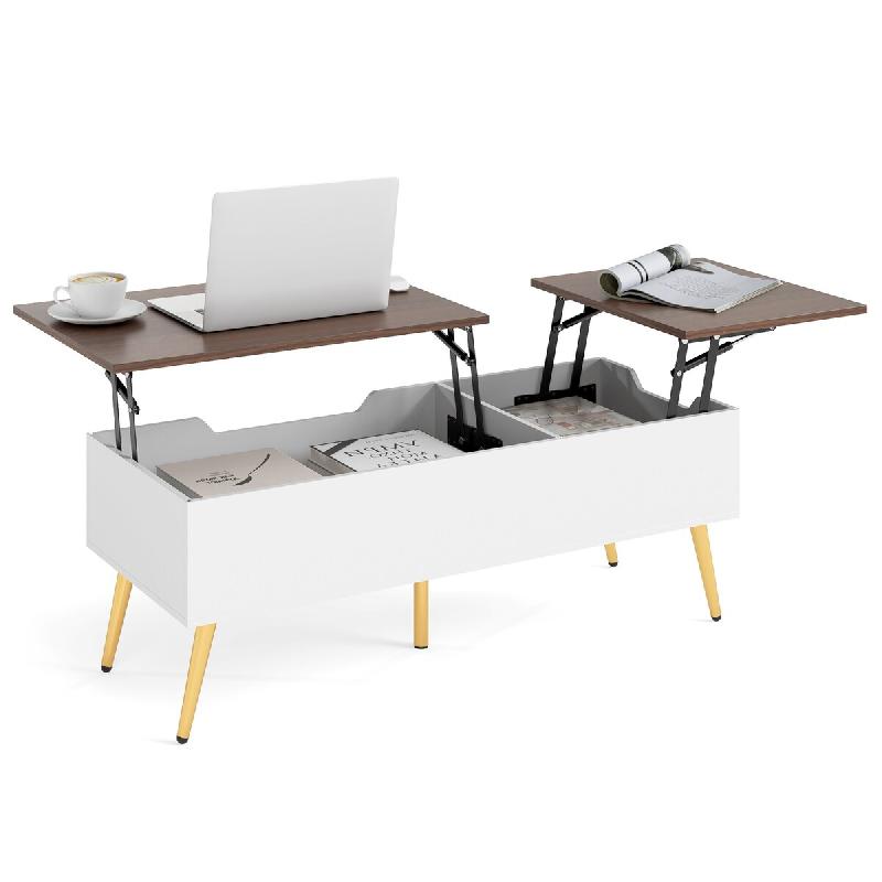 COSTWAY Table avec plateau relevable, 2 rangements cachés, bureau flip-top pieds métal 111x48x40-53,5cm, Noyer - multicolore Bois manufacturé VH348_0