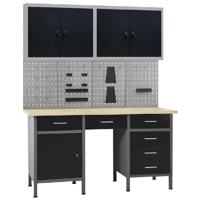 Établi avec 4 panneaux muraux, 2 armoires, 6 tiroirs et capacité de charge 500 kg - Poste de travail atelier et garage - 02_0003667_0