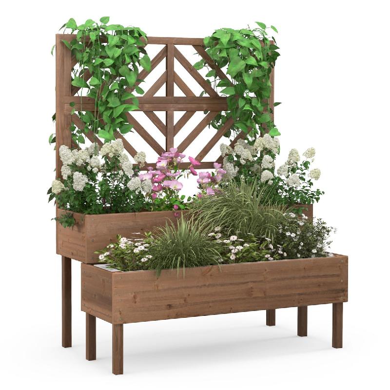 JARDINIÈRE AVEC TREILLIS À 2 NIVEAUX EN BOIS DE SAPIN BAC À FLEURS RECTANGULAIRE AVEC TROU DE DRAINAGE POUR PLANTE GRIMPANTE CAFÉ 20_0005818_0