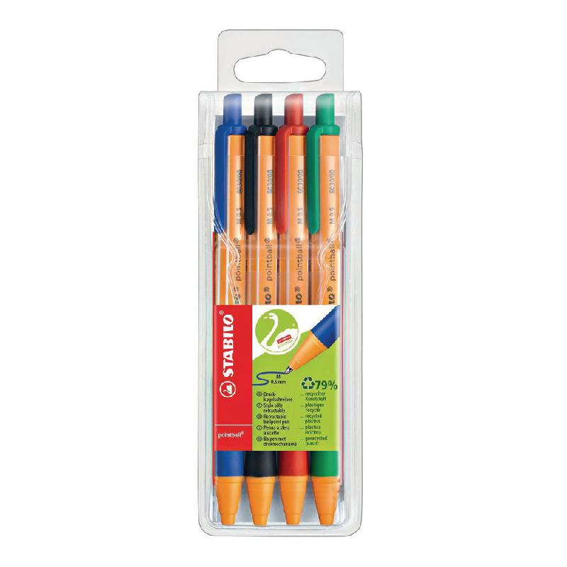 STYLO BILLE RETRACTABLE POINTBALL STABILO - AVEC ZONE DE PREHENSION - POINTE MOYENNE - CORPS EN PLASTIQUE ORANGE - COULEURS D'ENCRE ASSORTIES