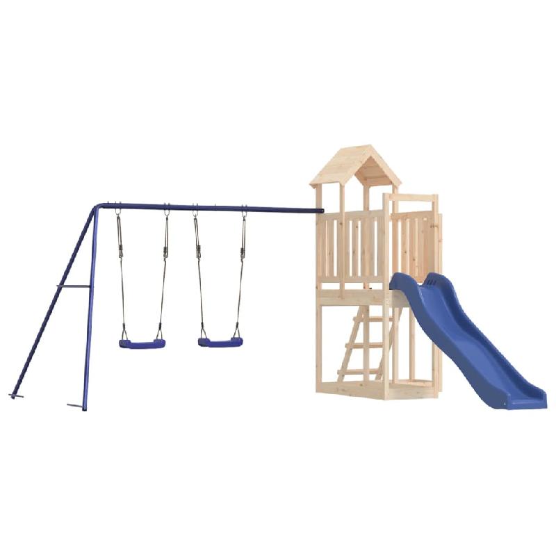 Aire de jeux d'extérieur en bois de pin massif - Balançoires, toboggan ondulé, portiques robustes - Dimensions 356 x 378 x 214 cm - Réf. 02_0004719_0