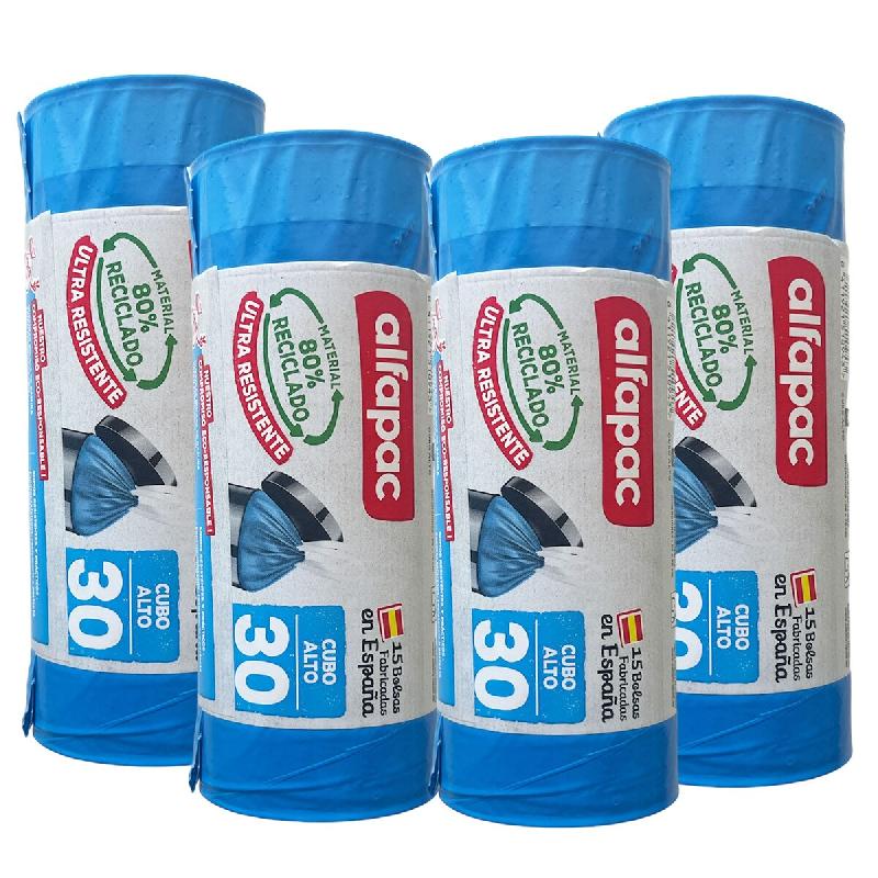Alfapac - Sacs poubelle à fermeture automatique 30L 50x75cm pour poubelles hautes, 4 rouleaux x 15 unités (80% recyclés) - bleu PK6955_0