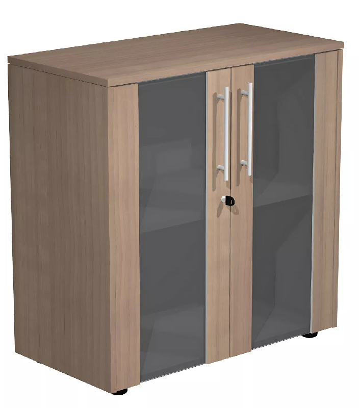 Armoire basse 2 portes en verre fumé à serrure - 1 étagère ajustable - L. 83 x P. 43 x H. 81 cm - So Flora - Noyer Naturel_0