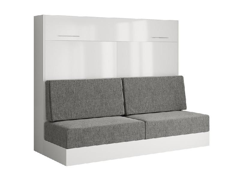 Armoire-lit escamotable VERTIGO SOFA - Façade blanc brillant - Canapé gris - Couchage 160x200 cm_0