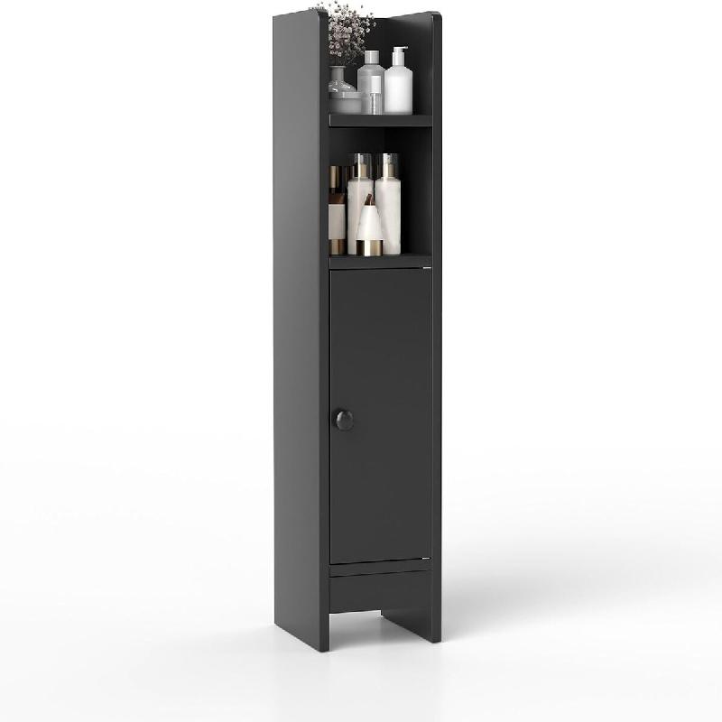 COSTWAY Meuble salle de bain noir, rangement avec 2 compartiments & 2 étagères, étagère bois, 20x18x80cm - noir Bois manufacturé VH34007PW_0