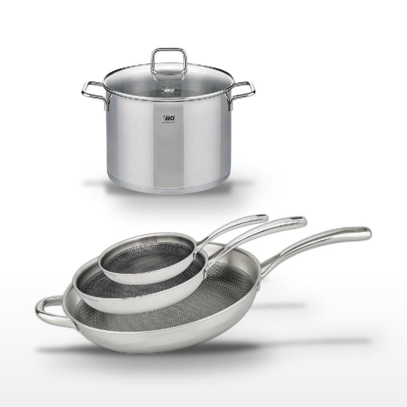 Lot de 3 Poêles 24/28/32 cm Elo Relief Evolution avec Faitout 26 cm - gris inox 3176239954821_0