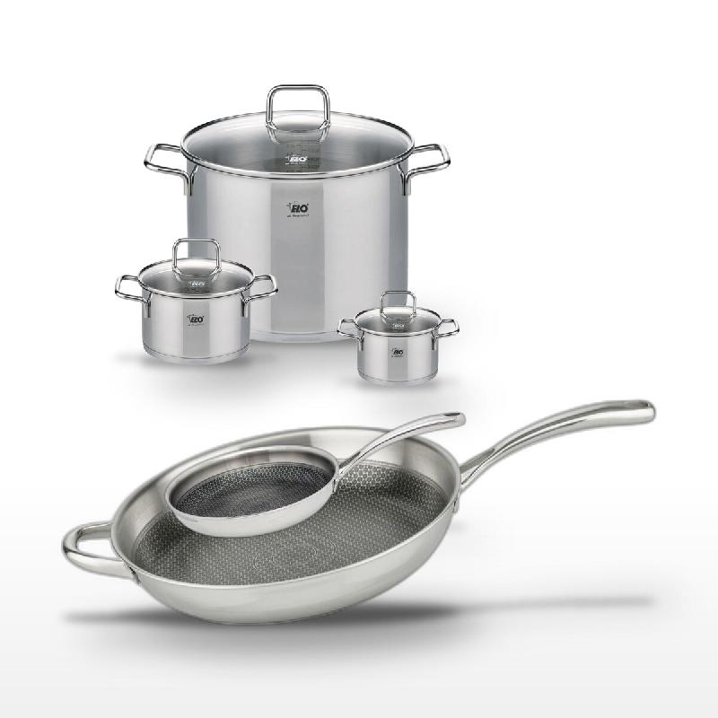 Lot Poêles 32/24cm & Faitouts 12/16/26cm Elo Relief Evolution - gris inox 3176239957846_0