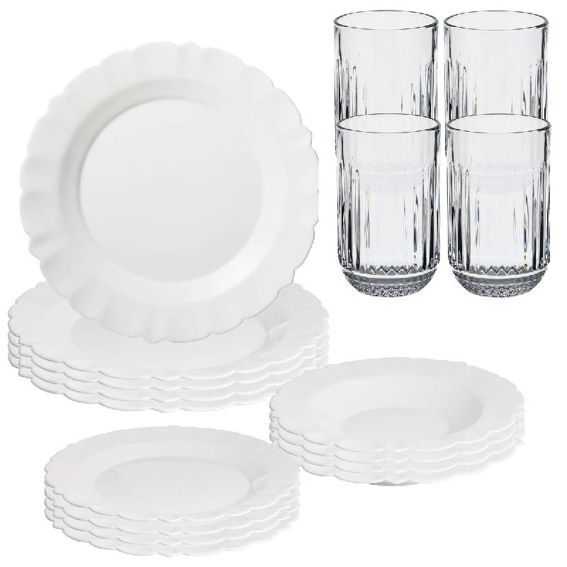 San Ignacio - Service de vaisselle 12 pièces blanc en verre opalin avec lot de 4 verres en cristal de 430 ml - blanc Verre opale PK9438_0